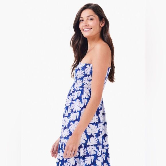 NZT NIC & ZOE Blue & White Shadow Palm One-Shoulder Smocked Dress Sz. Medium NEW - Picture 4 of 15